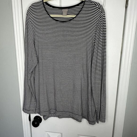 Chicos Top Women’s Size XL 3 Black White Striped Long Sleeve Casual Stretch - Picture 1 of 5